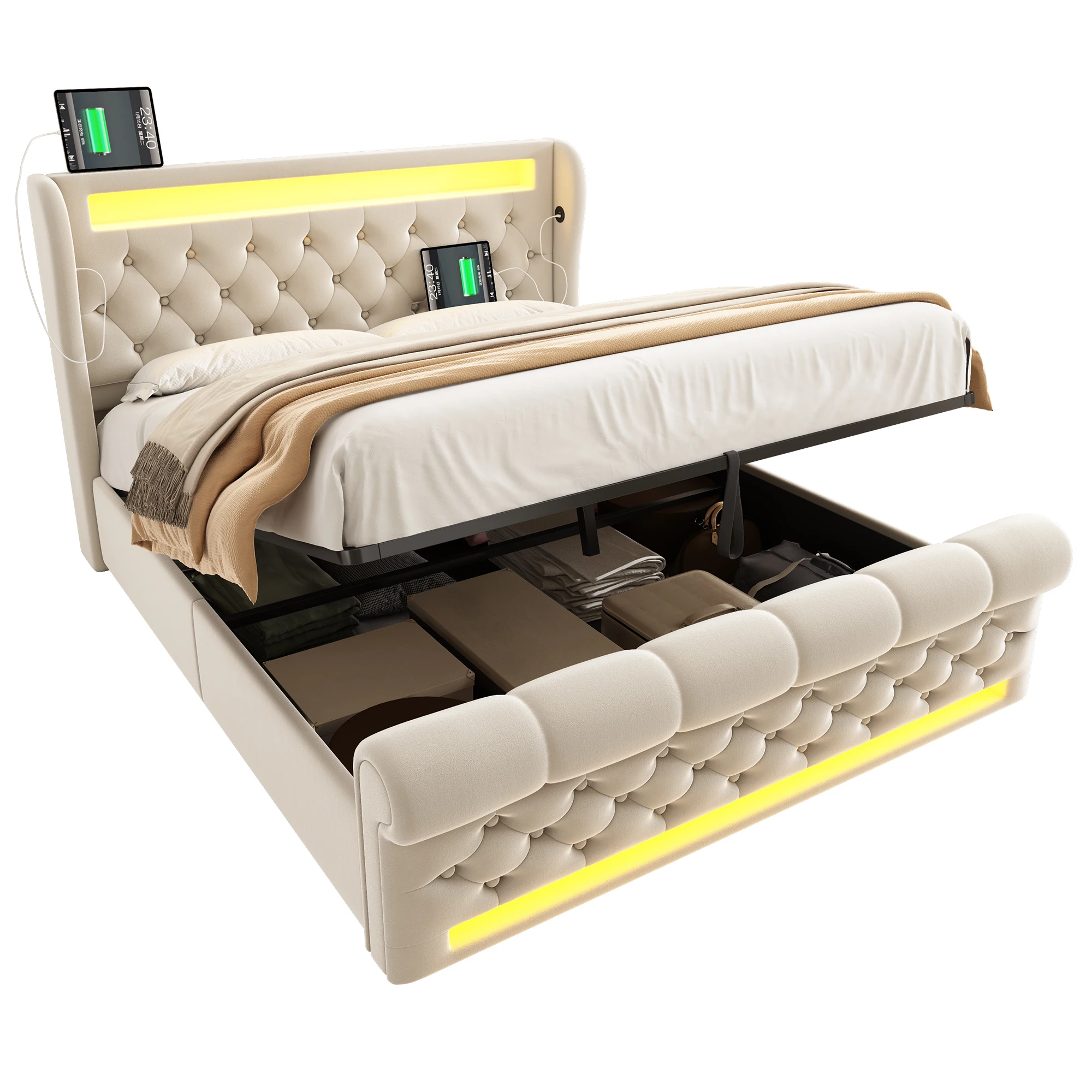MODFU gestoffeerd bed 140x200 met bedbodem & opberghoofdbord LED & USB Beige zonder matras - afbeelding 2