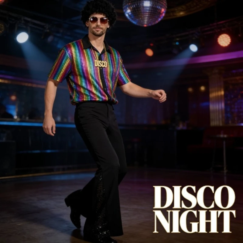

Men Vintage 70's Disco Party Costume 6 Pieces Set Retro Bell Bottom Pants Short Sleeve Shirt with Accessories