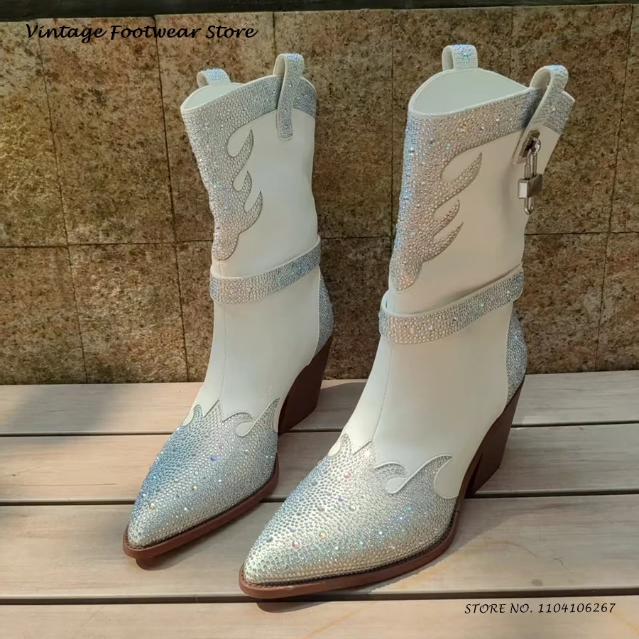 

Сапоги до середины икры с замком, украшенные кристаллами, весна-осень 2022, повседневная обувь без шнуровки, женские блестящие ботильоны на танкетке с острым носком