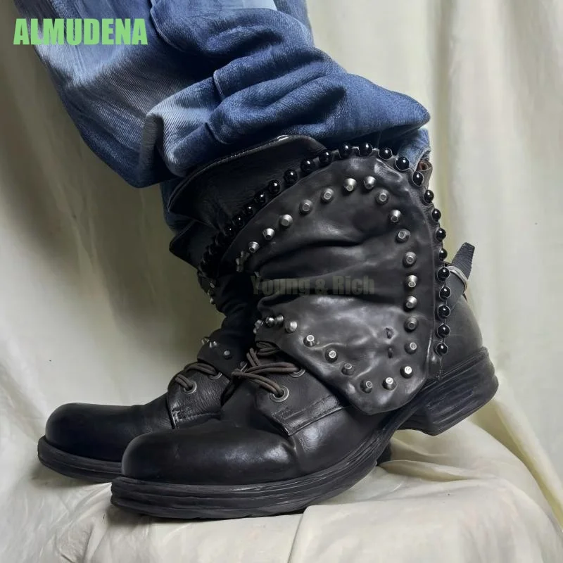 Unisex Vintage Washed Leather Ankle Boots Metal Stud Bead Decor Fold Over Cuff Lace Up Side Zipper Buckle Straps Motorcycle Boot
