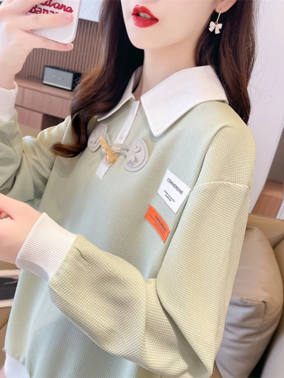 Loose Women's Sweatshirt Large Size Spring Autumn  Collar Waffle Patterned Top Coat Korean Style Long Sleeve Cotton Blend