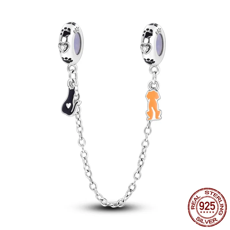 

925 Sterling Silver Cat and Dog Pendant Safety Chain, paired with an original bracelet, a DIY jewelry gift for women.
