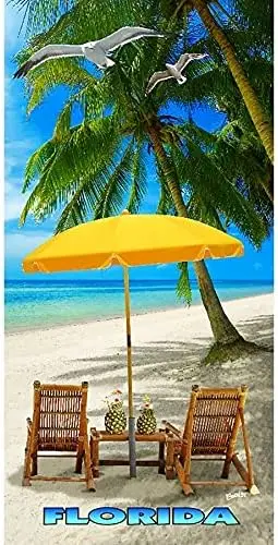Florida Vacation Time Beach Towel, Souvenir Style Cotton Blend Absorbent Bath Towel for Swimming Pool and Travel