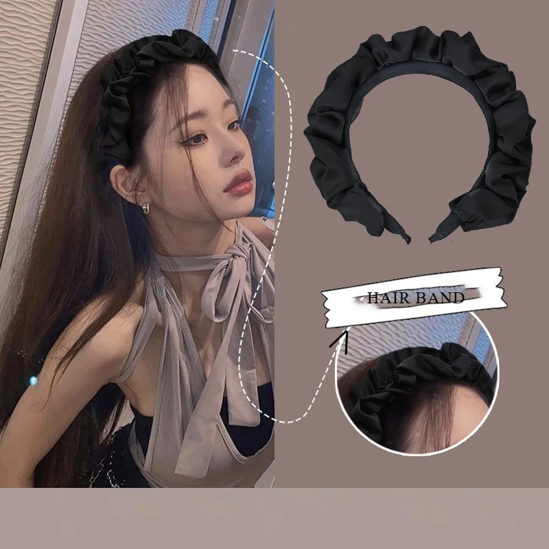 Black Solid Color Fabric Pleated Headbands For Women Korean Simple Adjustable Versatile Elegant Daily Hair Accessories Wholesale