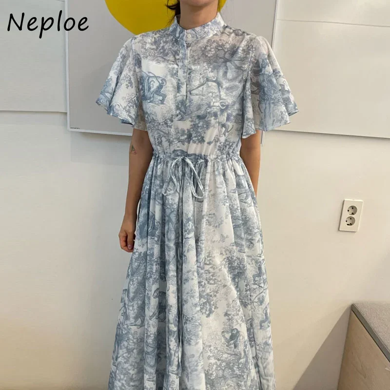 Neploe Stand Neck Chic Buttons Flower Print Flying Sleeve Robe Femme Drawstring Slim Chiffon Dresses Vestidos De Mujer Elegant