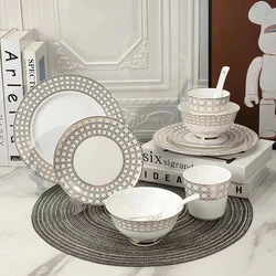 Western Dinnerware Set Checkered Design Tray Coffee Pot And Tea Cup Set Ceramic Tableware Flat Plate Salad Plate Home Use Coffee