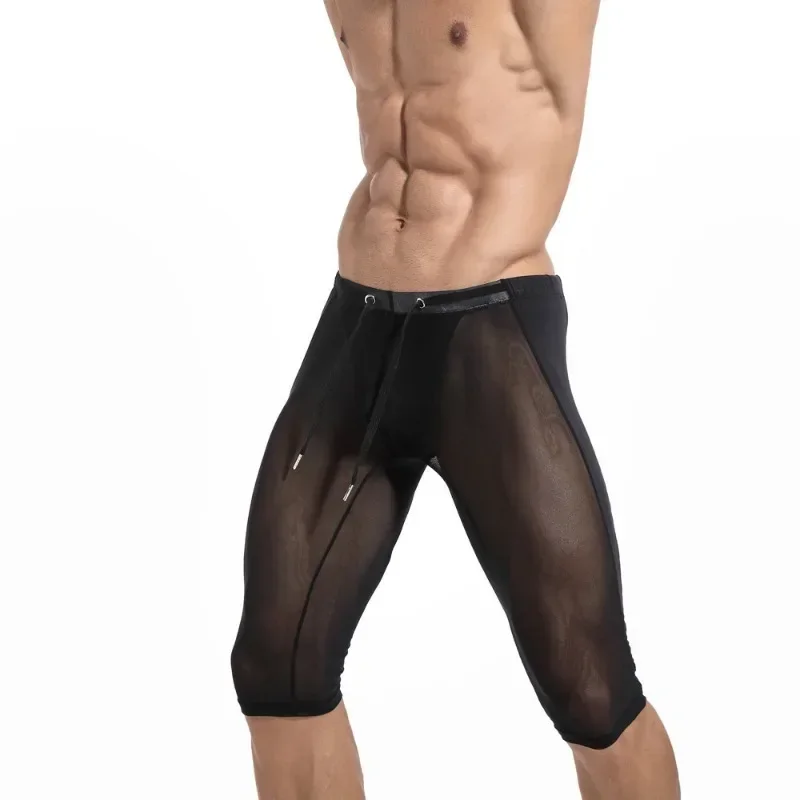 Transparent Men's Mesh Cycling Sports Pants Panties Sexy Underwear Body Shaper Male Mid Stocking Breathable Fitness Tight Pants