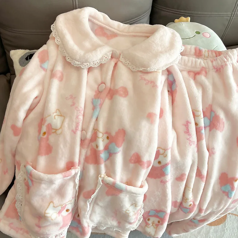 

Cute 2Pcs Plush Pajamas Suit Melody Anime Kawaii Sanrios Coral Fleece Women Sleepwear Loose Cardigan Tops Pant Student Homewear