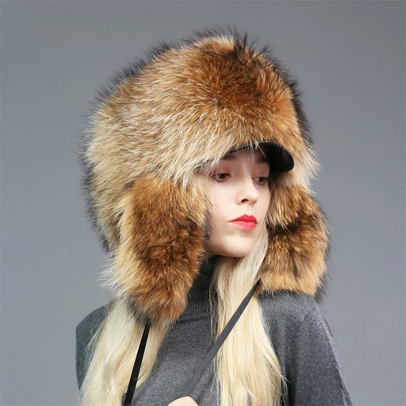 

Hot Sale 100% Natural Fox Fur Hat Women Cap Thick Fur Cap Winter Warm Hat Female Fashion For Women Hat With Earmuffs Hat