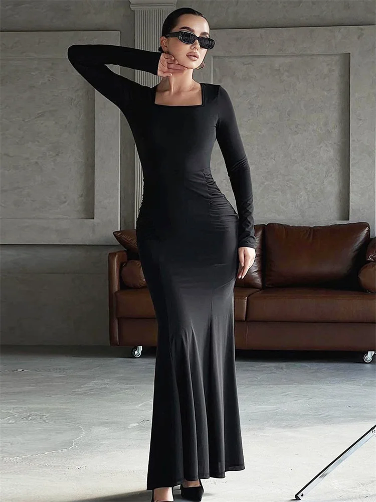 

Tossy Autumn Fashion Black Maxi Dress Women's Square Collar High Waist Slim Elegant Party Dress Gown Female Solid Long Dress New