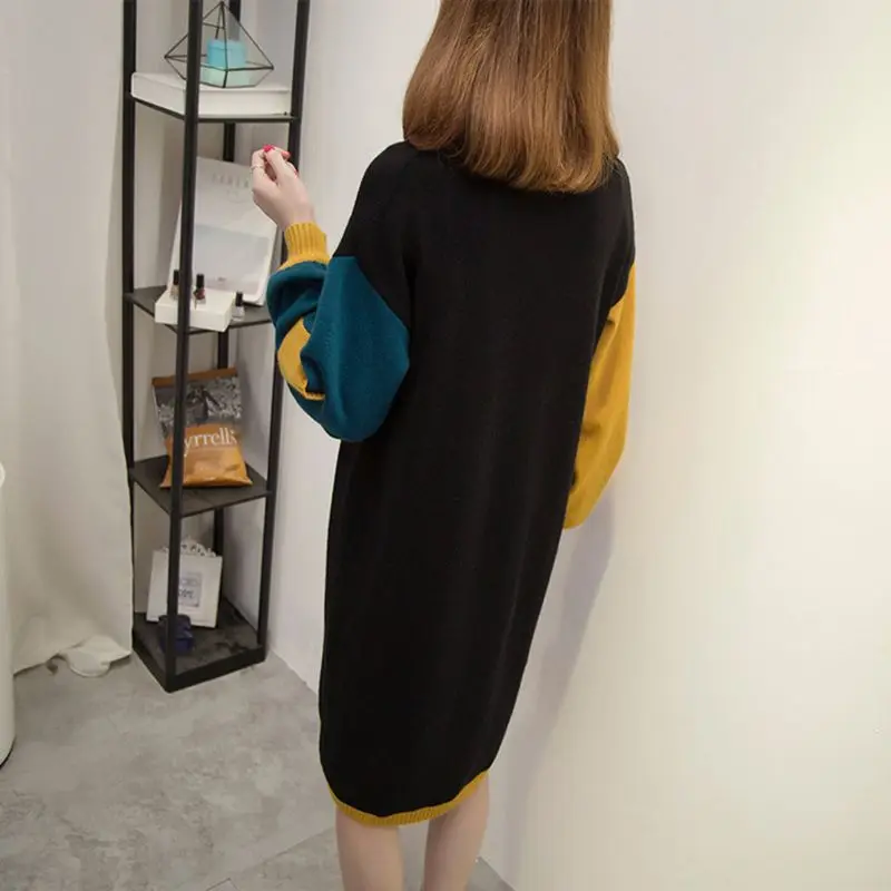 Female Clothing Contrasting Colors Midi Dress Chic Asymmetrical Autumn Winter Casual Half High Collar Patchwork Knitted Dresses