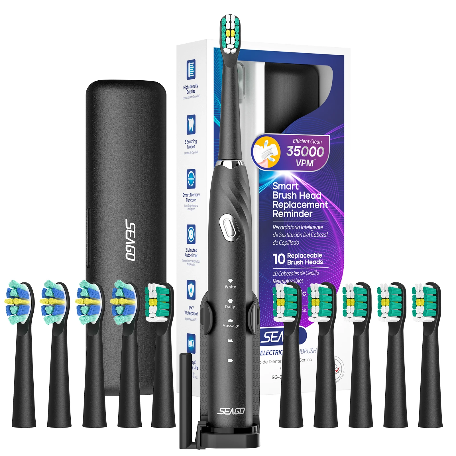 

Seago Electric Toothbrush with 10 Replaceable Brush Heads 1 Travel Box 1 Holder Sonic Toohtbrush Smart Timer 3 Modes Portable