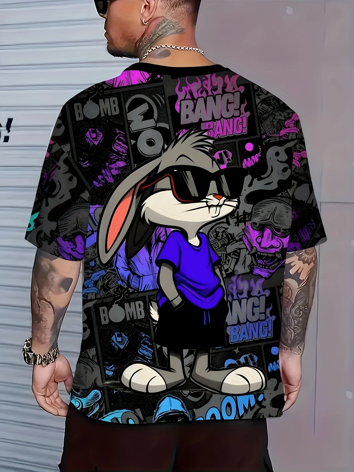 

Men Cartoon Bunny Graphic TShirt Streetwear Casual Funny 3D Print Tee Hip Hop Fashion Purple Black Graphic Cool TShirts for Men