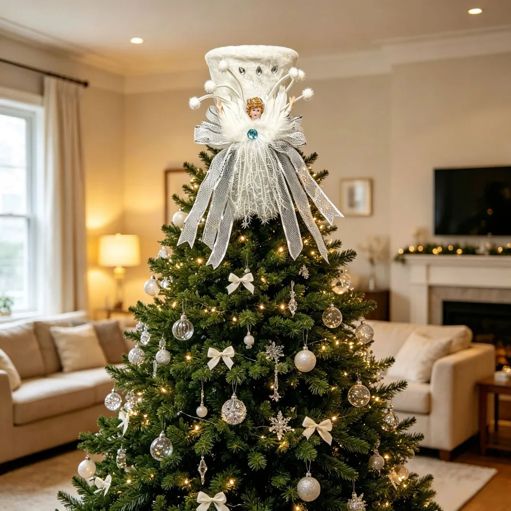 White Angel Christmas Tree Topper Plush Feather Bow Ribbon Tree Topper Blue Faux Gem Tree Topper Mesh For Christmas-Themed