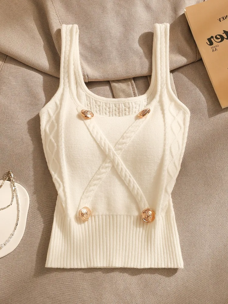 

2025 New Square Collar Knitted Slim Fit Vest Double Button Pure Desire Sle Women's Top Summer Faion Ladies' Vest