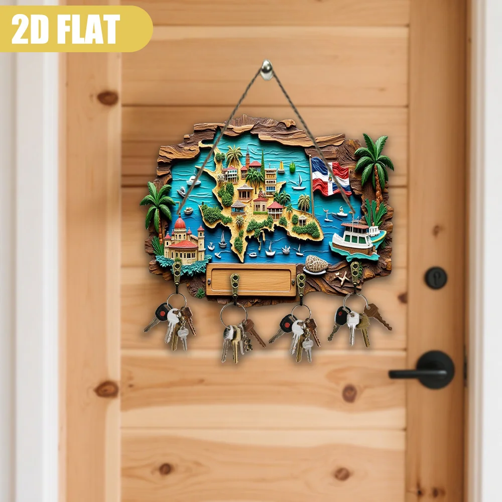Dominican Republic Map Wall Art - Solid Wood Key Holder with Santo Domingo & Punta Cana Landmarks - Wood Key Hanger for Home,