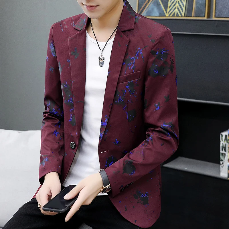 White Printed Suit Jacket Men's, V-neck One Button Blazers, Youth Handsome Trend Slim Print Suit Jacket Big Size S-4XL 5X