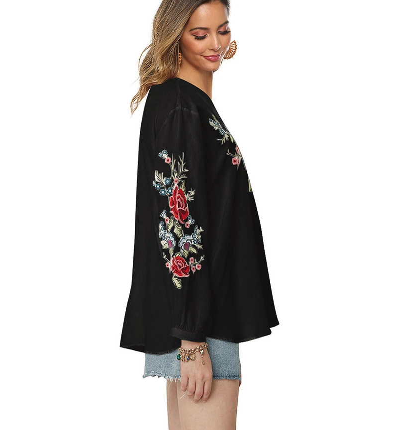 TEELYNN Cotton Floral Embroidery Shirts for Women Tops Vintage Loose Spring/Autumn Bohemia Blouses Long Sleeve V-neck Blouse