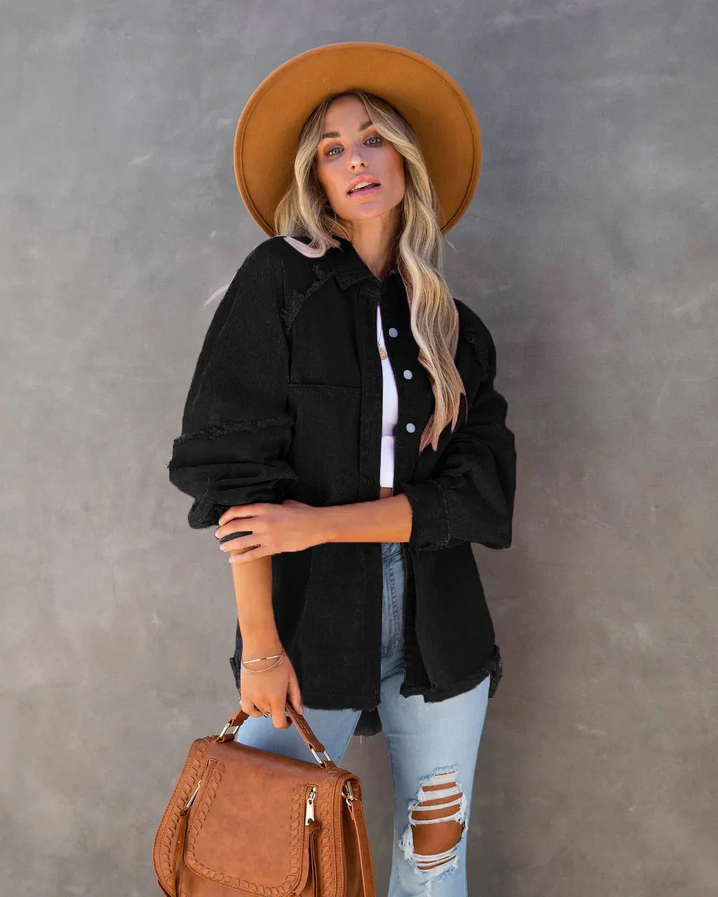 2023 Autumn Women\'s Fashion Denim Washed Raw Edge Mid-length Loose Women