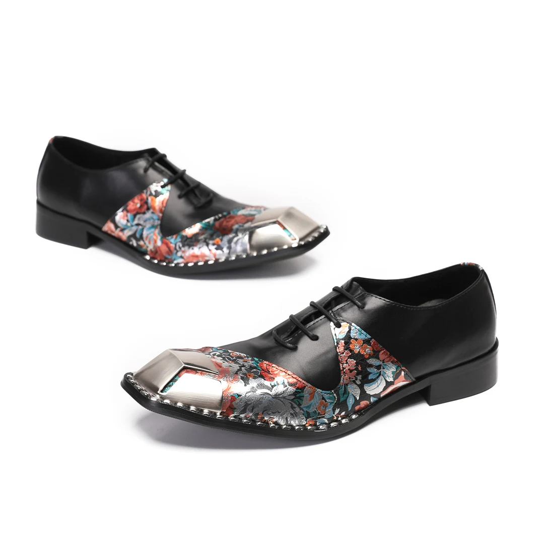 

Floral Patchwork Genuine Leather Men Oxford Shoes Plus Size Square Toe Wedding Party Brogue Shoes Lace Up Business Formal Shoes