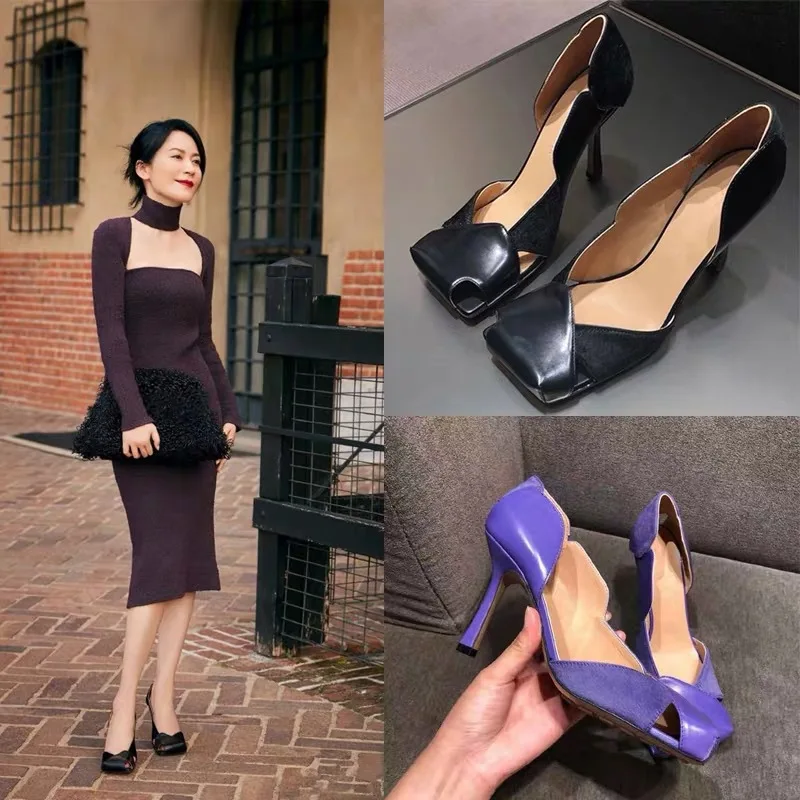 

Retro square toe high heels, elegant purple side air sandals, minimalist horsehair patchwork thin heel shoes