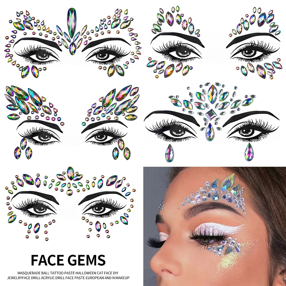 1pc 3D Face Eyes Party Makeup Tattoo Sticker Acrylic Diamond Rhinestones Sticker Self-adhesive Mixed Crystal Face Decor Sticker*