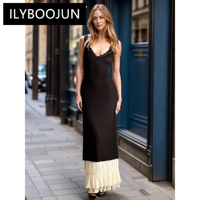 ILYBOOJUN Colorblock Sexy Minimalist Dresses For Women V Neck Sleeveless High Waist Spliced Reffles Hem Slimming Dress Female