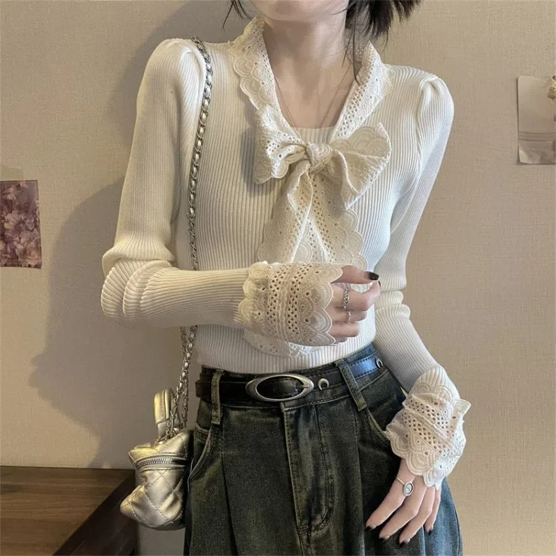 Lace Patchwork Sweet Knitted Sweater for Women Spring Autumn New Bow Bandage Slim Korean Pullovers Top Fashion Elegant Clothing