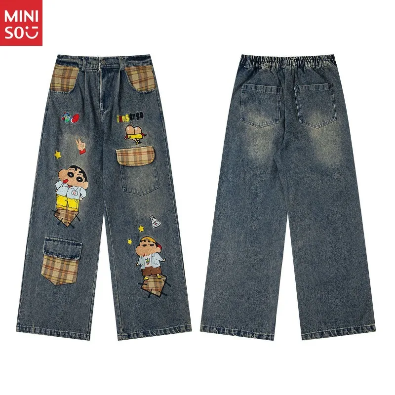 Miniso الأمريكية الرجعية غسلها المتعثرة متعة الكرتون التطريز المرقعة مستقيم الساق الجينز للجنسين فضفاض السراويل واسعة #5