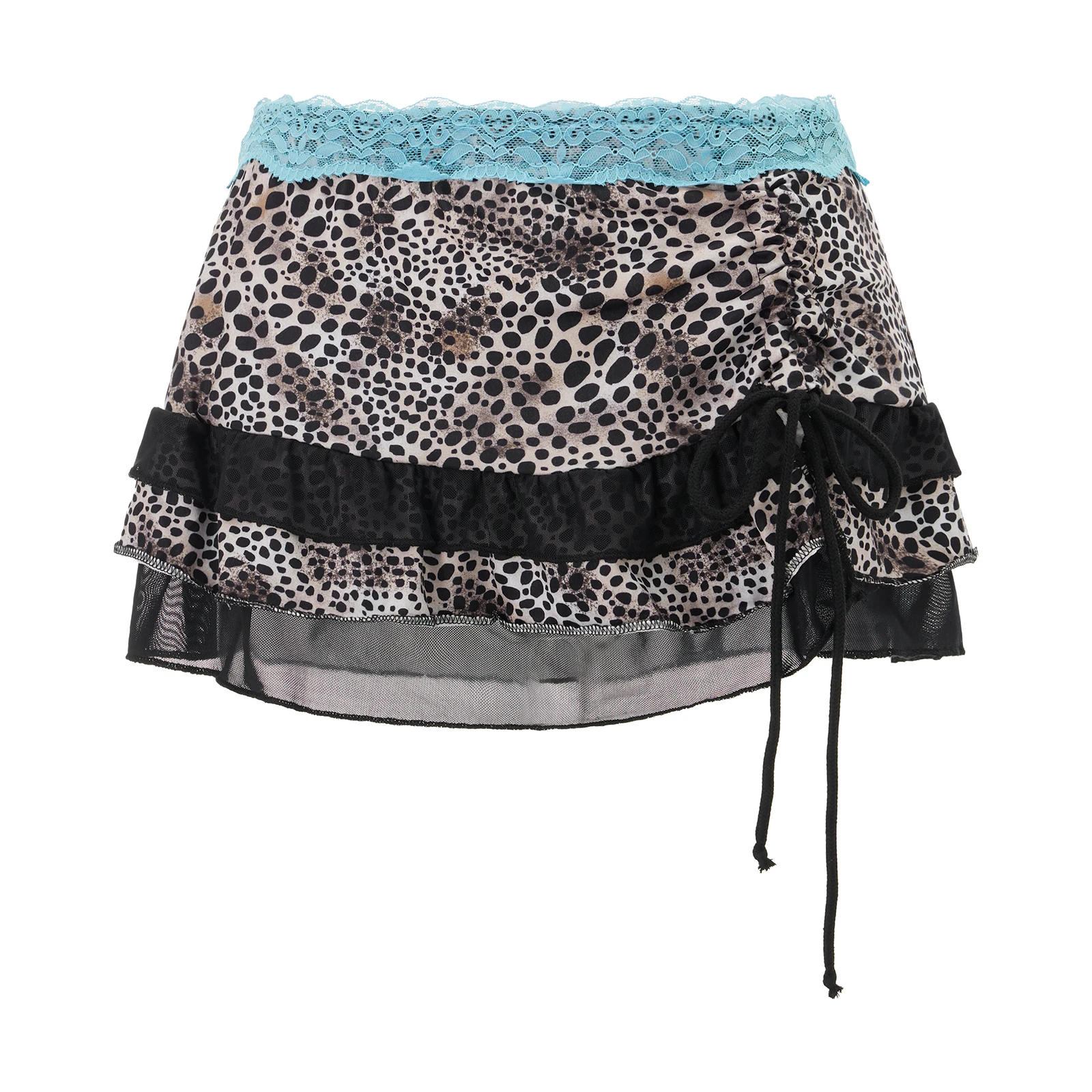 

Y2K Vintage Coquette Mini Skirt, Lace Trim Low Rise Fairy Skirt, Leopard Print Tiered Short Skirt