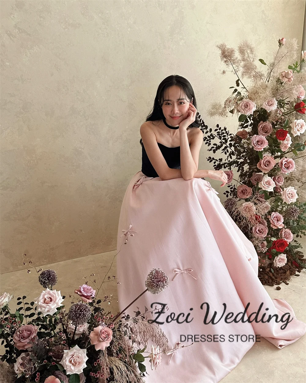 Zoci Contrast Color Fairy Evening Dresses Strapless A-line Bow Photo Shoot Dresses Customized Korea Wedding Reception Dresses