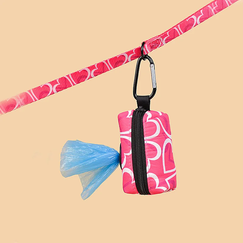 3Pcs/Set Love Heart Print High Quality Adjuatbale Rose Red Color Pet Dog Harness & Leashes & Poop Bag Holder Set For Walking