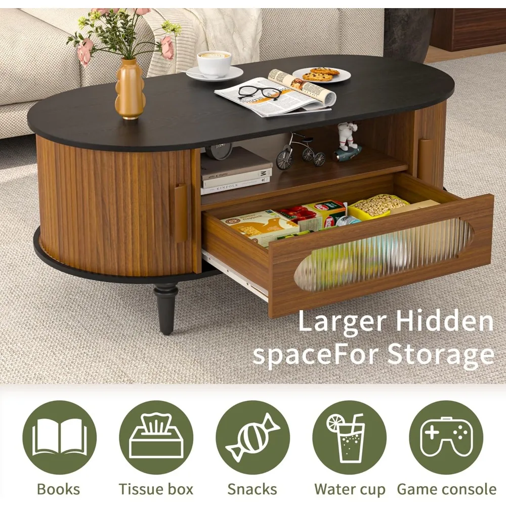 Gecanneleerde ronde salontafel met opbergruimte, moderne ovale salontafel met lade, schuifdeur, lage kleine middentafels voor het leven R