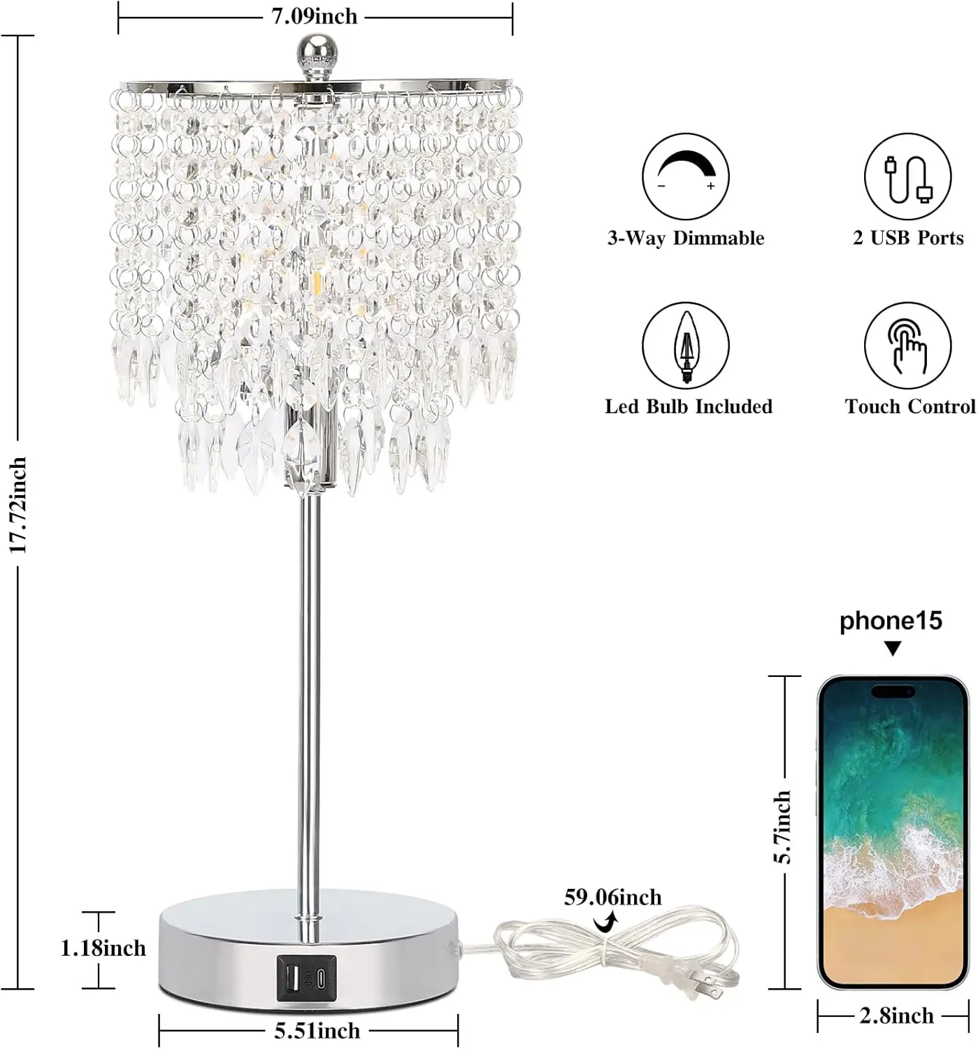 Crystal Table Lamp Set of 2, Touch Control, USB Ports, Dimmable LED Bedside Lamp, Silver Shade for Bedroom, Living Room