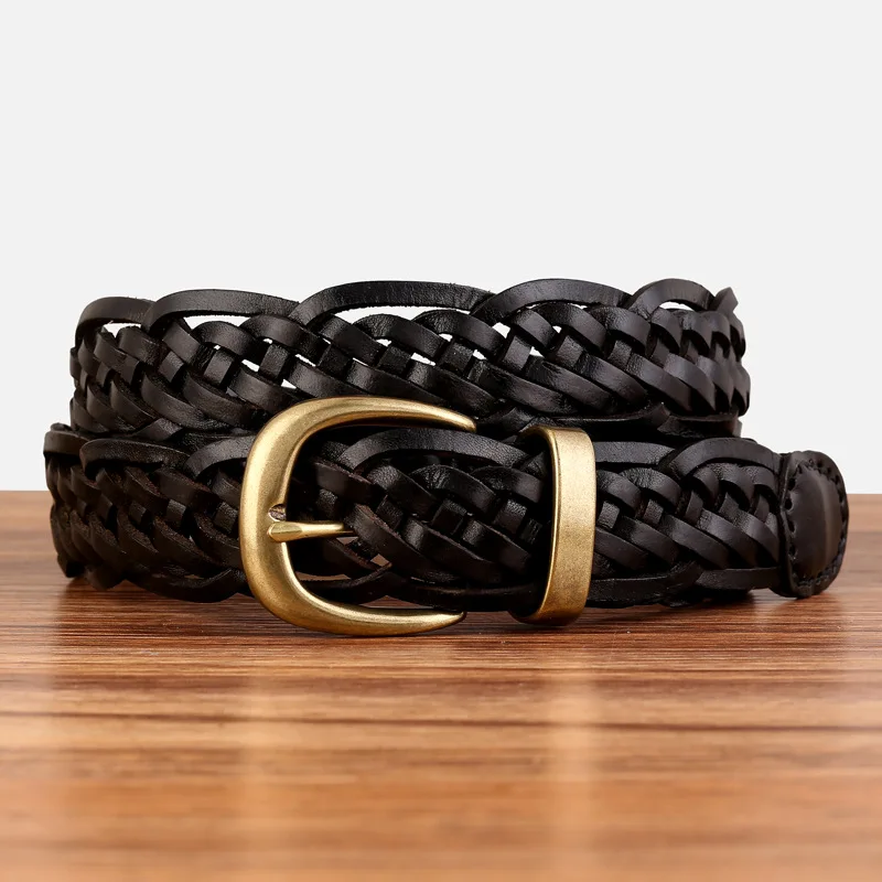 New Handmade Woven Women's Leather Belt, Tree Tan Cowhide, Vintage Pin Buckle, Versatile Women's Waist Belt