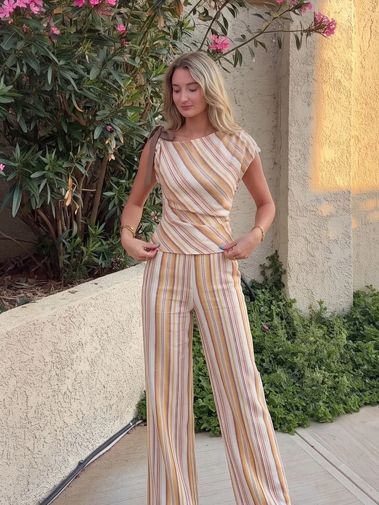 HH French Retro Striped Suit With One Shoulder Strap Bow Twist Top High Waist Wide Leg Pants Beach Vacation Casual Daily Wear