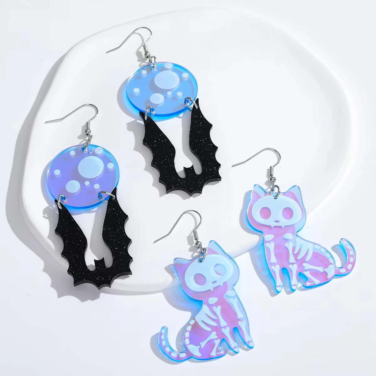 1pair New Halloween Skeleton Cat Design Dangle Earrings Cartoon Cute Style Acrylic Jewelry Ghost Festival Earrings