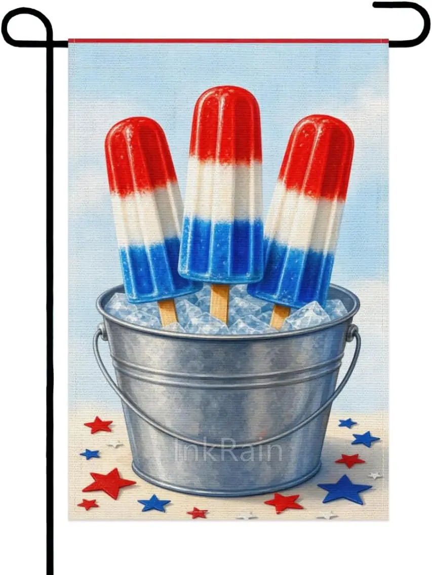 InkRain Rocket Pop Treats Garden Flag 12x18 Inch Double Sided Linen Outdoor Yard Flag With Red White Blue Ice Pops, Retro Su uui