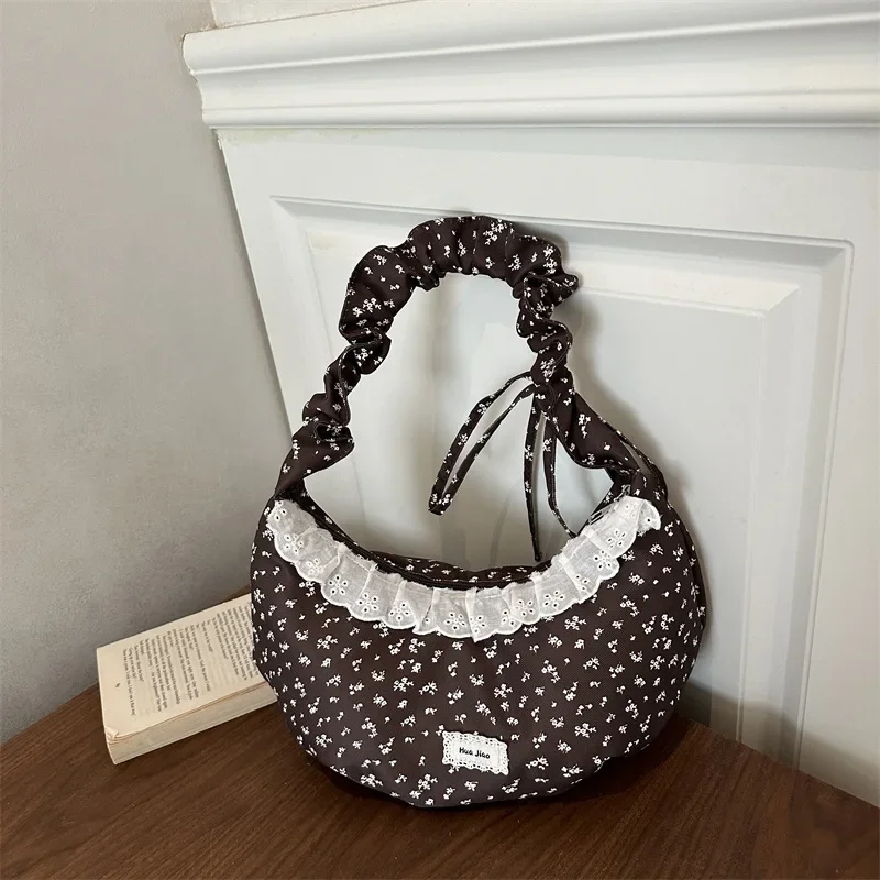 Floral Pleated Shoulder Bag Women's New Lace Splicing Messenger Tote Bag Commuter Versatile Sense Niche