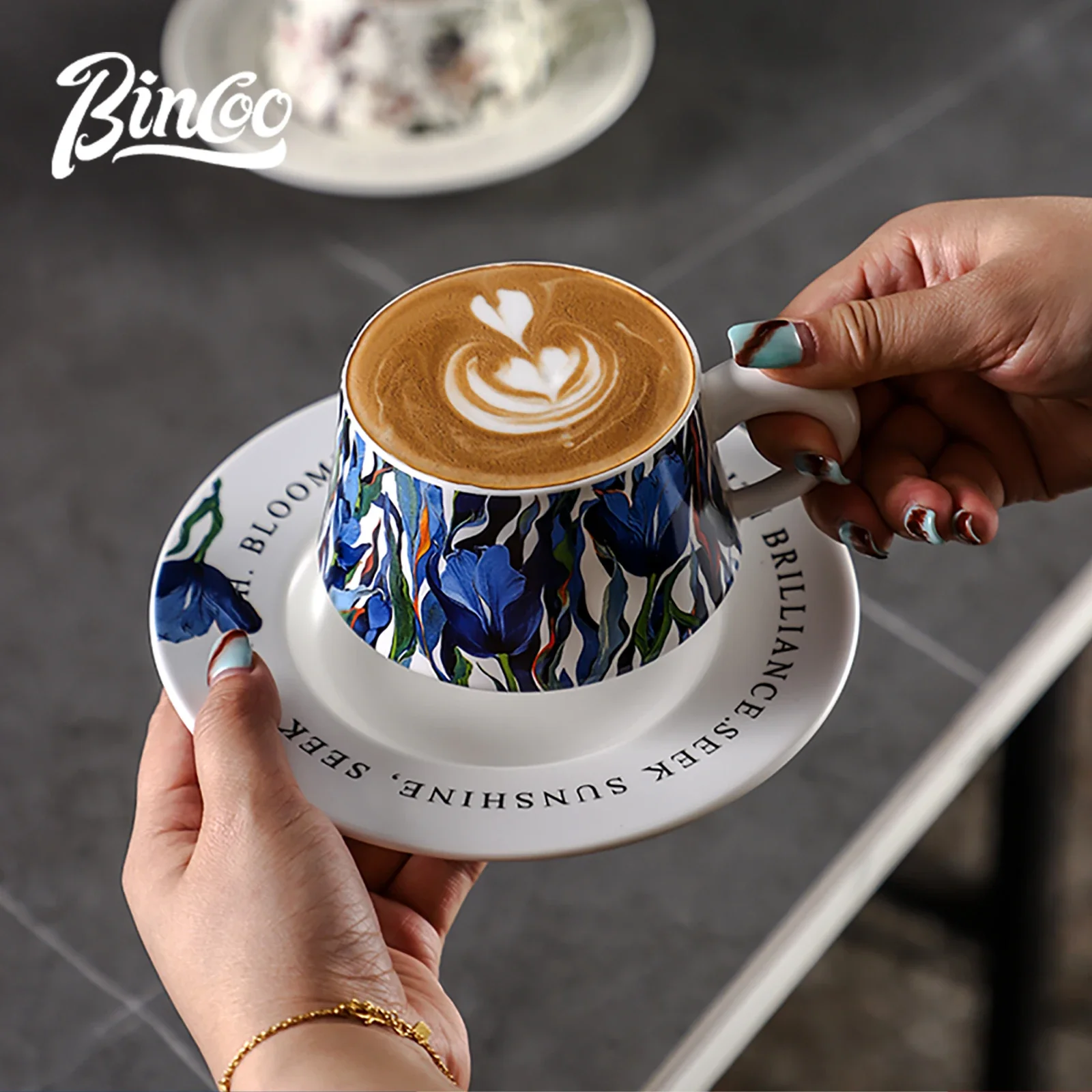 BINCOO 260ml Ceramic Coffee Cup with Saucer Set Cappuccino Cup Art Latte Espresso Mug for Afternoon Tea Home Barista Accessories - view 4