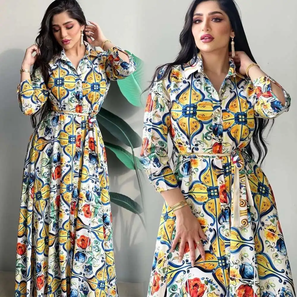 

Autumn/winter Women's Fashion Flip Collar Style Printed Large Hem Elegant Dress Robe Abaya Ramadan Dubai Luxury Islam Elegant