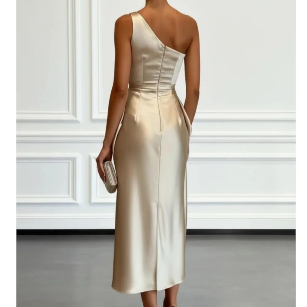 Elegant Women Solid Satin Slanted Neck Midi Dress Summer Sexy One Shoulder Sleeveless Ruched Slim Evening Party Long Dresses