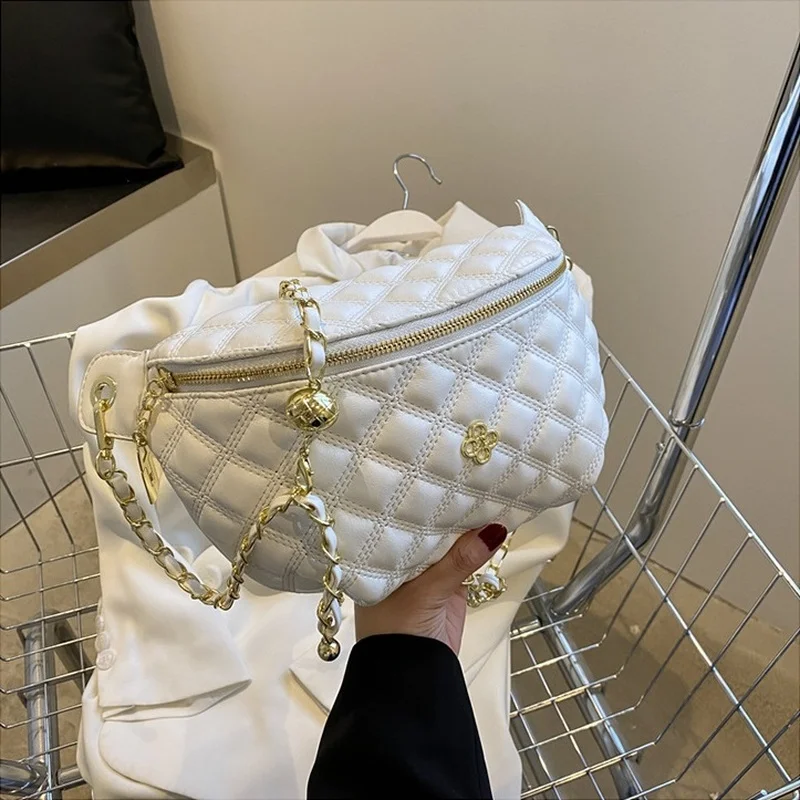 Riñonera de cuero sintético con entramado de diamantes para mujer, bolso cruzado elegante con cadena, 2022