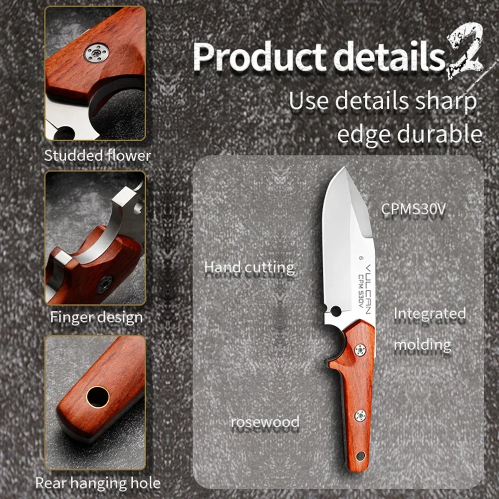 High Quality Hunting Knife with Sandalwood Handle and CPMs30V Blade for Outdoor Camping and Survival