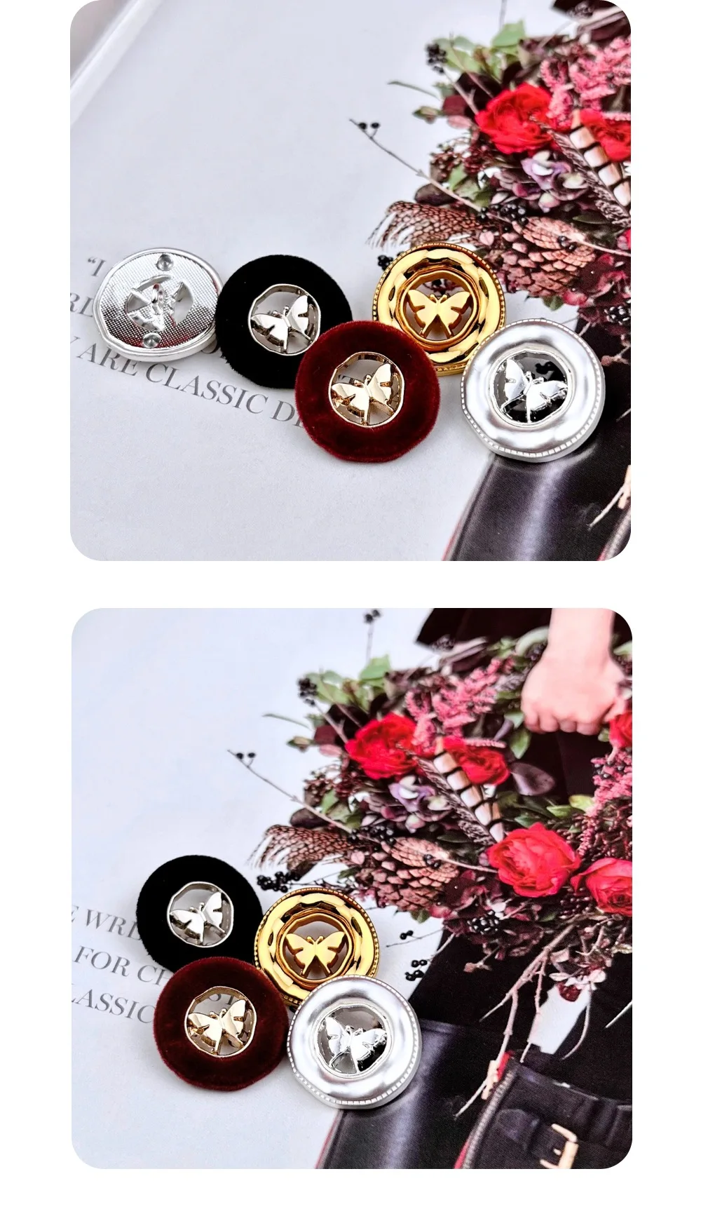 10 Stück Metallknöpfe zum Nähen, Manteldekoration, Ausgehöhlte Schmetterlingsknöpfe, DIY-Handwerk, Kleidungszubehör, Runde Beflockte Knöpfe – Detail 8