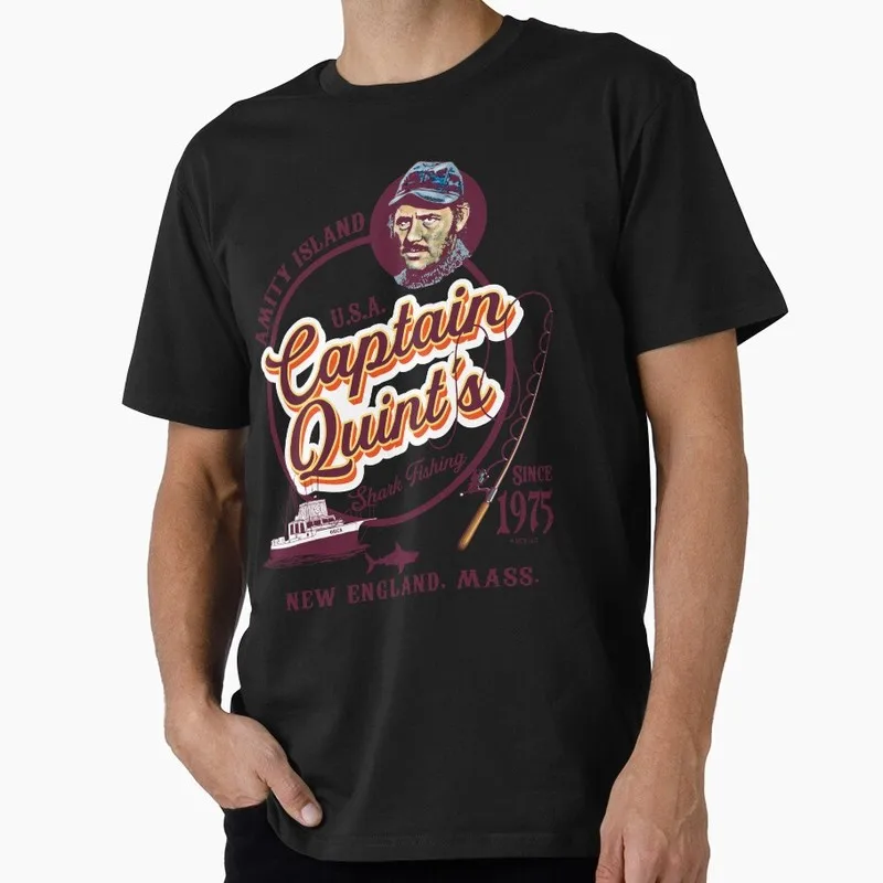 Captain Quint's Shark Fishing Jaws Horror Movie T Shirt Retro Amity Island Great White Shark Graphic Tops Short Sleeve Tees