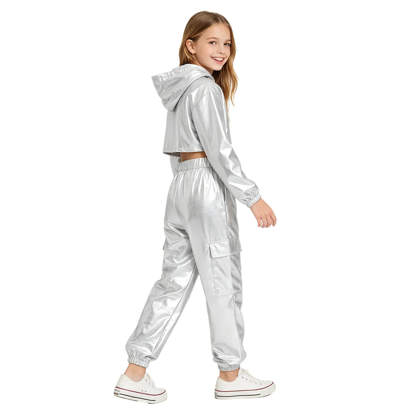 Girls Hip-hop Jazz Street Dance Outfit Long Sleeve Metallic Cropped Hoodie Top with Vest Cargo Pants for School Show Performance