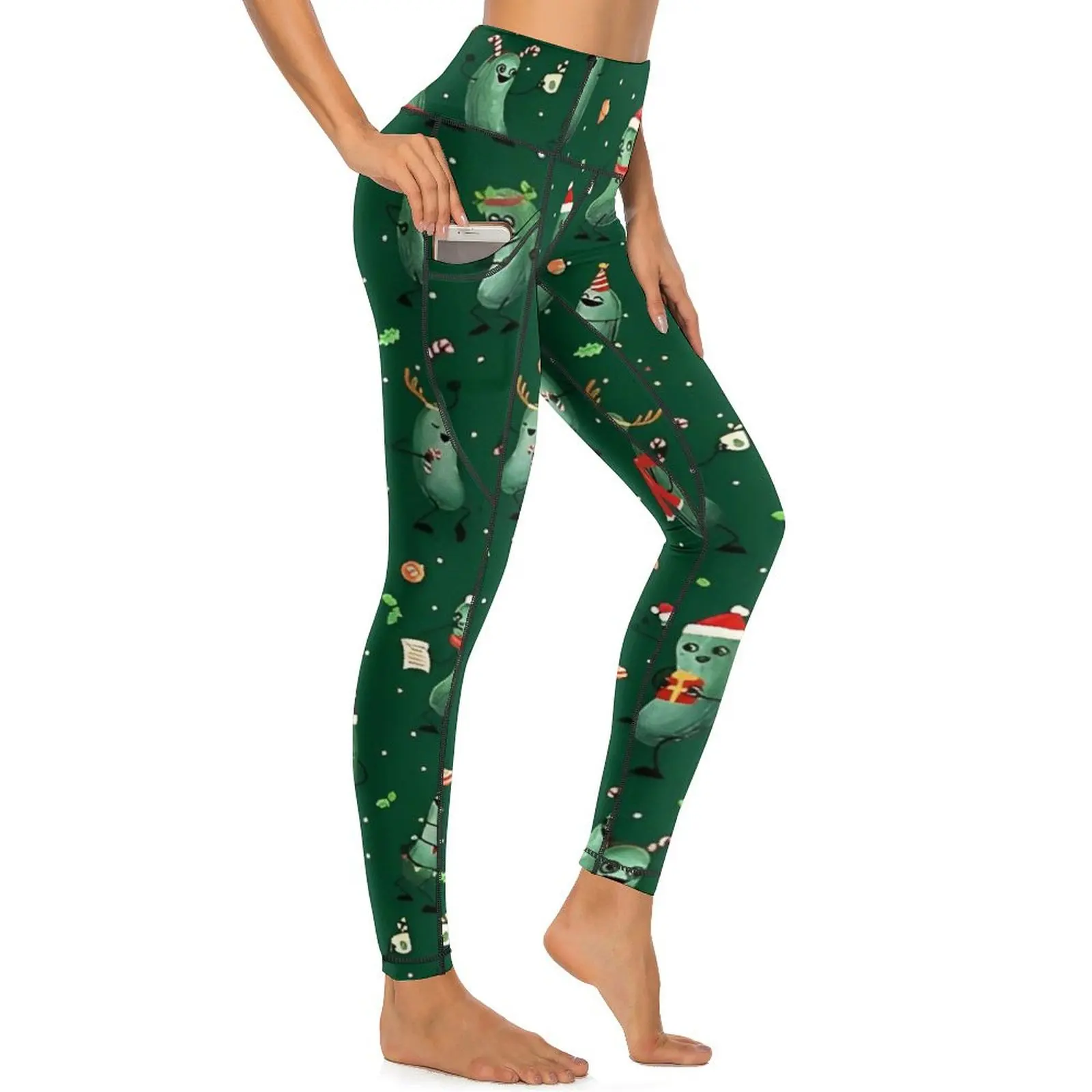 Leggings de color verde oscuro con patrón de pepinillos navideños, pantalones de Yoga para gimnasio, mallas de moda de cintura alta, mallas deportivas de diseño de secado rápido