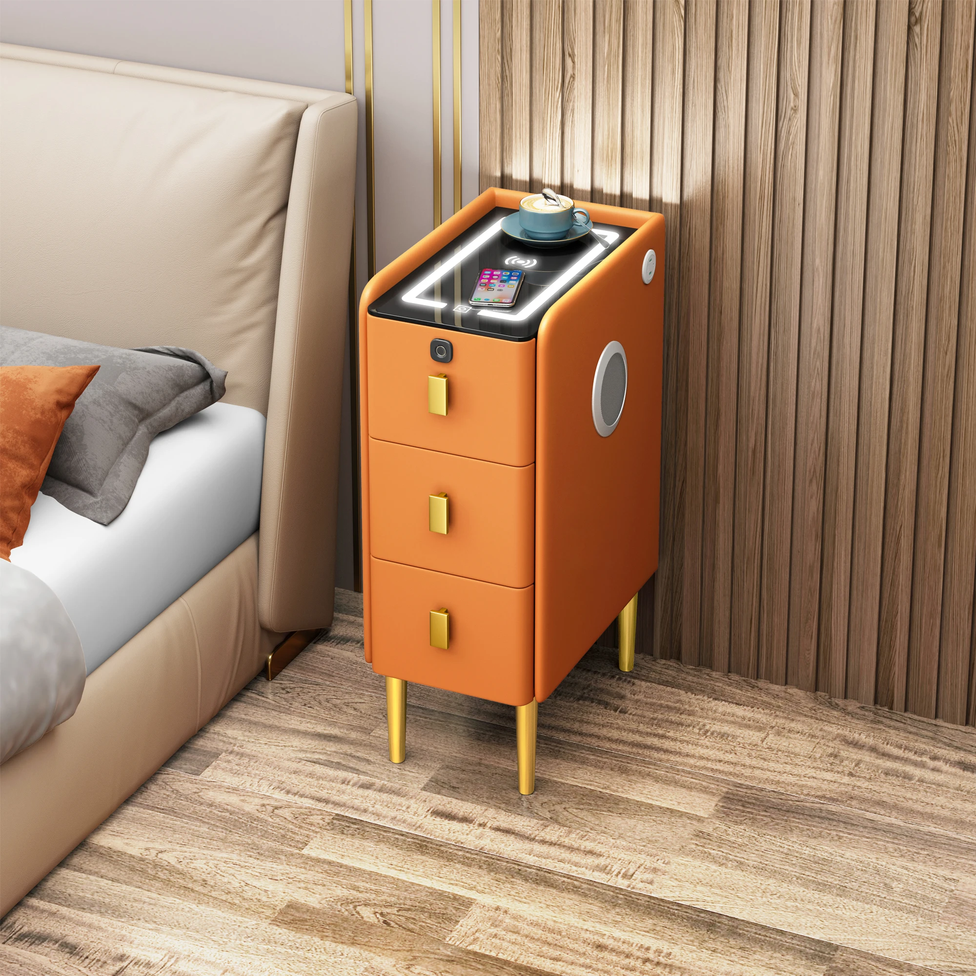 Modern Luxury Wood Smart 30cm Bedside Table With Led Light Fingerprint Wireless Charging Speakers Drawer Hotel Bedroom Furniture - view 6