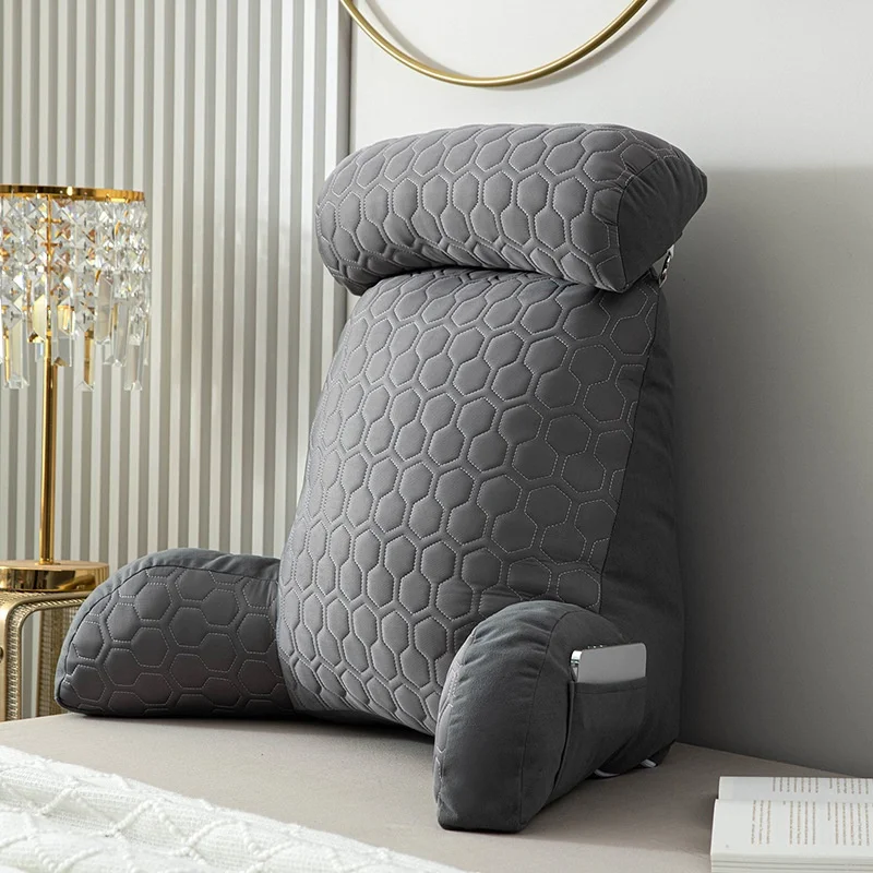 Office Lumbar Support Pillow with Armrest Reading Pillow Standard Bed Pillow Back Cushion for Sitting Up in Bed with Pockets